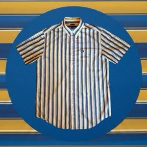 Chaps White Yellow & Blue Vertical Striped Button Down Short Sleeve Shirt M